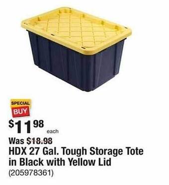 The Home Depot Hdx 27 gal. tough storage tote in black with yellow lid offer