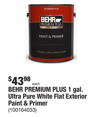 The Home Depot Behr premium plus 1 gal. ultra pure white flat exterior paint & primer offer
