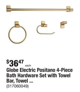 The Home Depot Globe electric positano 4-piece bath hardware set with towel bar, towel ring, robe hook, and toilet paper holder in matte bra offer