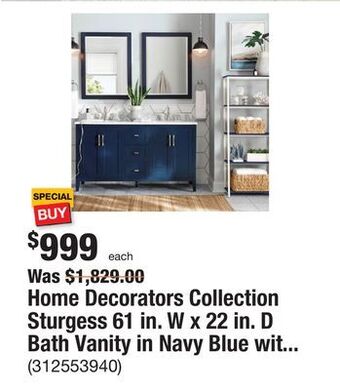 The Home Depot Home decorators collection sturgess 61 in. w x 22 in. d bath vanity in navy blue with marble vanity top in carrara white with offer