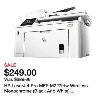 Office Depot Hp laserjet pro mfp m227fdw wireless monochrome (black and white) laser all-in-one printer offer