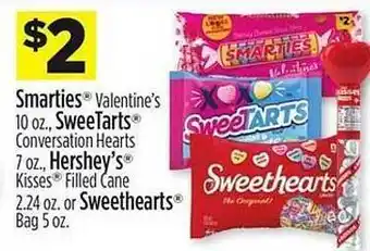 Dollar General Smarties valentine's, sweetarts conversation hearts, hershey's kisses filled cane or sweethearts offer