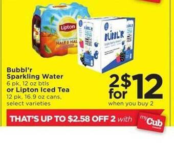 Cub Foods Bubbl'r sparkling water or lipton iced tea offer