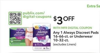 Publix Always discreet pads or underwear offer