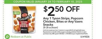 Publix Tyson strips, popcorn chicken, bites or any'tizers snacks offer