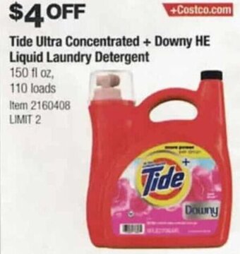 Costco Tide Ultra Concentrated + Downy HE Liquid Laundry Detergent offer