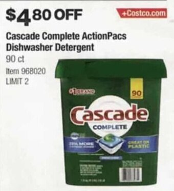 Costco Cascade Complete ActionPacs Dishwasher Detergent offer