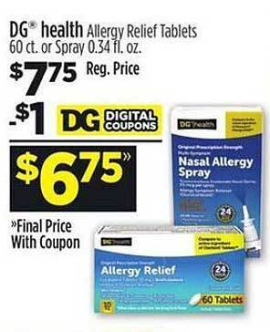 Dollar General Dg health allergy relief tablets or spray offer