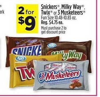 Dollar General Snickers milky way twix or 3 musketeers fun size offer