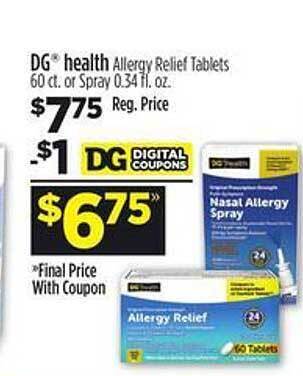 Dollar General Dg health allergy relief tablets or spray offer