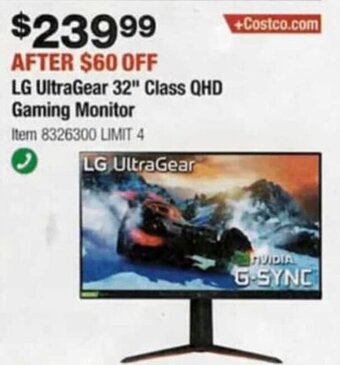 Costco LG UltraGear 32" Class QHD Gaming Monitor offer