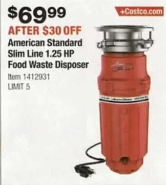 Costco American Standard Slim Line 1.25HP Food Waste Disposer offer