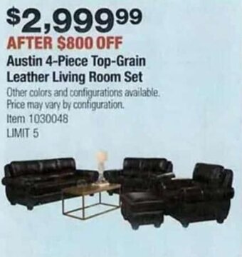 Costco Austin 4 Piece Top-Grain Leather Living Room Set offer