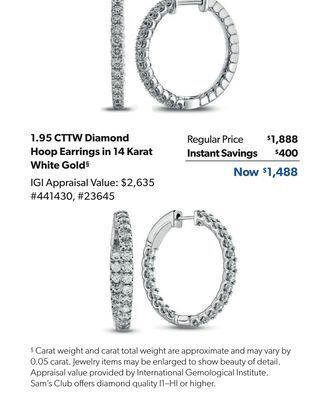 Sam's Club 1.95 cttw diamond hoop earrings in 14 karat white gold§ offer