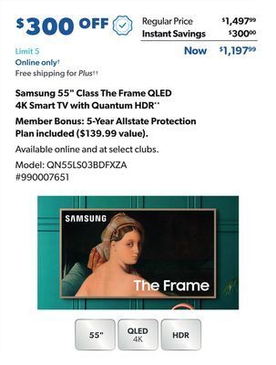 Sam's Club Samsung 55" class the frame qled 4k smart tv with quantum hdr** offer