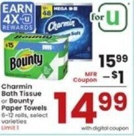 Albertsons Charmin Bath Tissue or Bounty Paper Towels 6-12 rolls offer