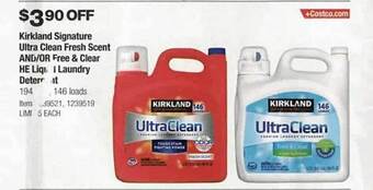 Costco Kirkland signature ultra clean fresh scent and or free & clear he liquid laundry detergent offer