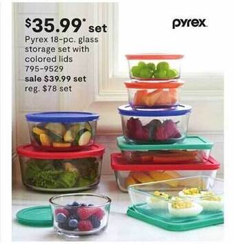 JC Penney Pyrex 18-pc glass storage set with colored lids offer