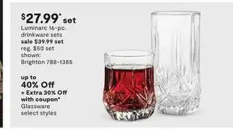 JC Penney Luminarc 16-pc drinkware sets glassware select styles offer