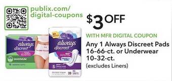 Publix Always discreet pads or underwear offer