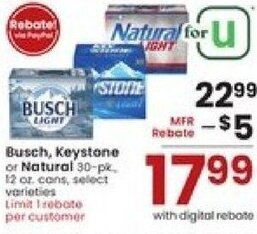 Albertsons Busch, Keystone or Natural 30-pk., 12 oz cans offer