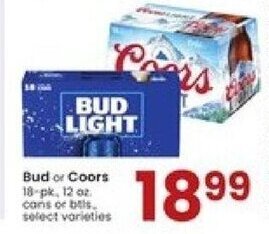 Albertsons Bud or Coors 18-pk, 12 oz. cans or btls. offer