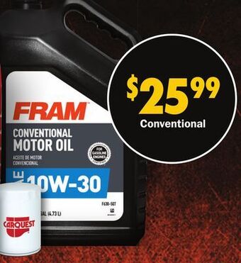 Advance Auto Parts 5 quarts of fram conventional motor oil + one fram drive or carquest standard oil filter offer