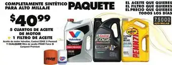Advance Auto Parts 5 cuartos de aceite de motor valvoline, castrol edge o pennzoil y cualquier filtro de aceite fram force o carquest premium offer
