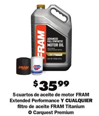 Advance Auto Parts 5 cuartos de aceite de motor fram extended performance y cualquier filtro de aceite fram titanium o carquest premium offer