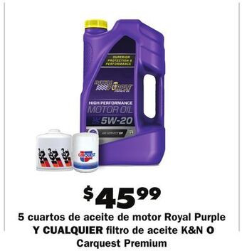 Advance Auto Parts 5 cuartos de aceite de motor royal purple y cualquier filtro de aceite k&n o carquest premium offer