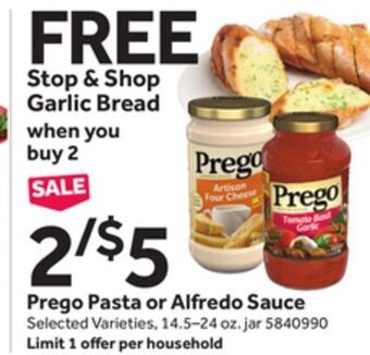 Stop&Shop Prego pasta or alfredo sauce offer