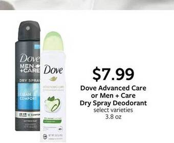 Fareway Dove advanced care or men + care dry spray deodorant offer