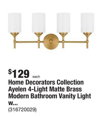 The Home Depot Home decorators collection ayelen 4-light matte brass modern bathroom vanity light with opal white glass offer
