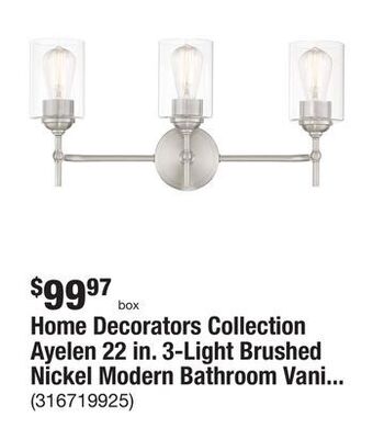 The Home Depot Home decorators collection ayelen 22 in. 3-light brushed nickel modern bathroom vanity light offer