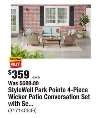 The Home Depot Stylewell park pointe 4-piece wicker patio conversation set with seabreeze cushions offer