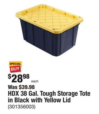 The Home Depot Hdx 38 gal. tough storage tote in black with yellow lid offer