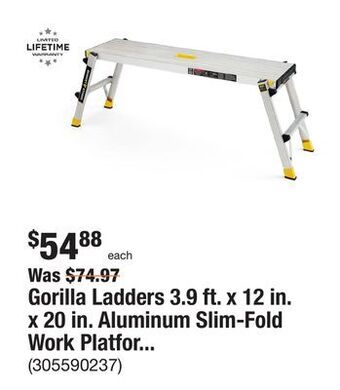 The Home Depot Gorilla ladders 3.9 ft. x 12 in. x 20 in. aluminum slim-fold work platform, 300 lbs. load capacity offer