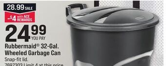 Ace Hardware Rubbermaid® 32-gal. wheeled garbage can offer