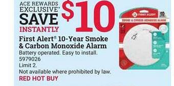 Ace Hardware First alert 10-year smoke & carbon monoxide alarm offer