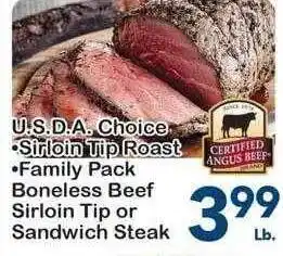 Fairplay Usda choice sirloin tip roast family pack boneless beef or sandwich steak offer