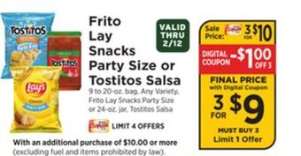 ShopRite Frito lay snacks party size or tostitos salsa offer