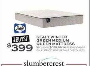 Slumberland Furniture Sealy winter green medium queen mattress offer