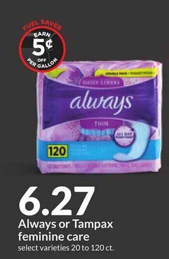 Hy-Vee Always or tampax feminine care offer