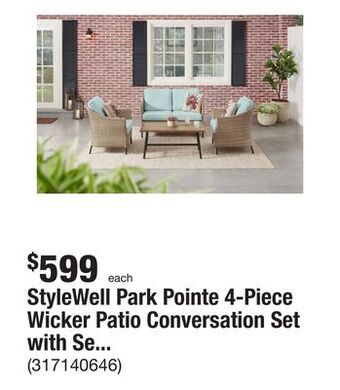 The Home Depot Stylewell park pointe 4-piece wicker patio conversation set with seabreeze cushions offer