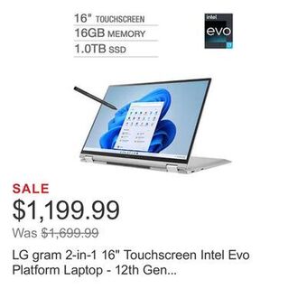 Costco Lg gram 2-in-1 16" touchscreen intel evo platform laptop - 12th gen intel core i7-1260p - 2560 x 1600 - windows 11 offer