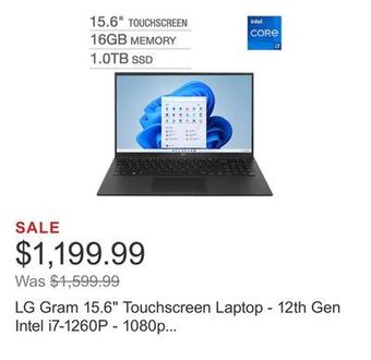 Costco Lg gram 15.6" touchscreen laptop - 12th gen intel i7-1260p - 1080p - windows 11 offer