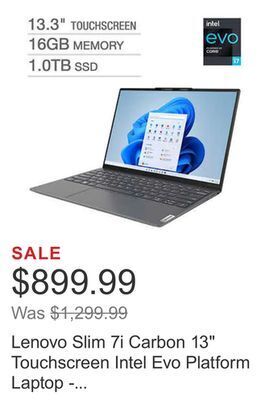 Costco Lenovo slim 7i carbon 13" touchscreen intel evo platform laptop - 12th gen intel core i7-1260p - 2560 x 1600 - windows 11 offer
