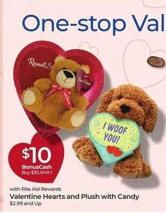 Rite Aid Valentine hearts and plush with candy offer