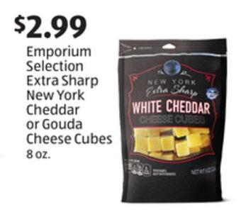 Aldi Emporium selection extra sharp new york cheddar or gouda cheese cubes offer