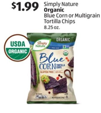 Aldi Simply nature organic blue corn or multigrain tortilla chips offer